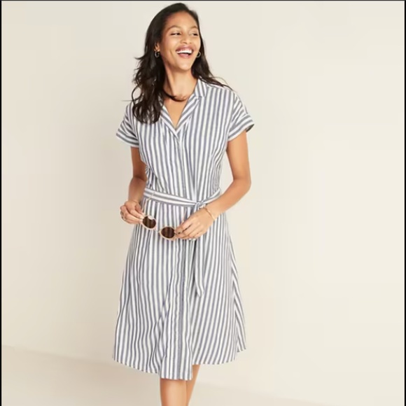 Old Navy tie-waist striped linen dress with pockets - Picture 1 of 6